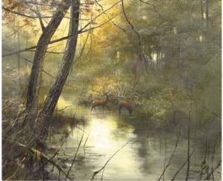 Pieter Dik - Hinds drinking by dawn