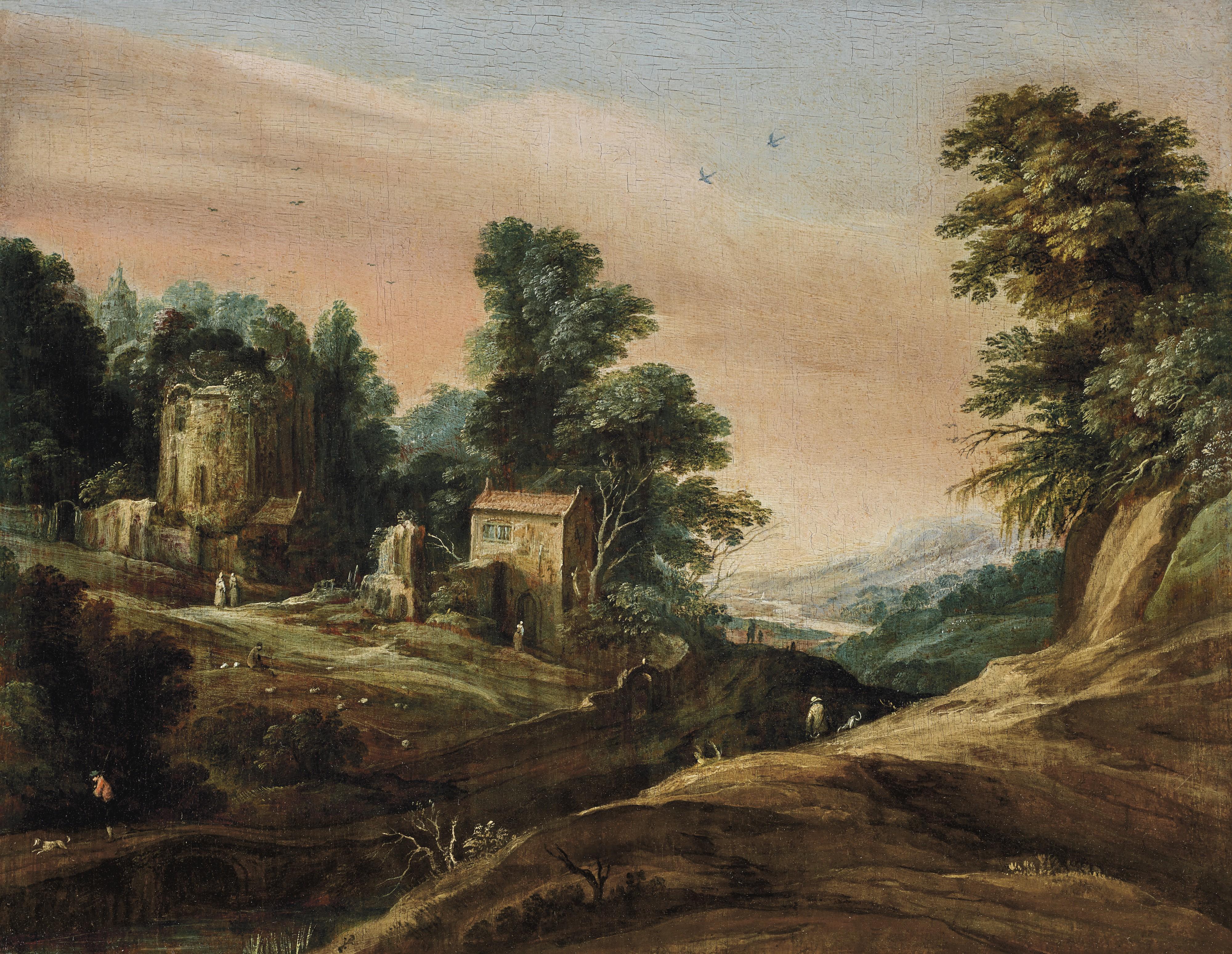 Pieter Dircksz. Van Santvoort - A rocky landscape with rustic buildings