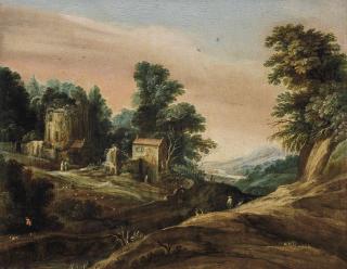 Pieter Dircksz. Van Santvoort - A rocky landscape with rustic buildings