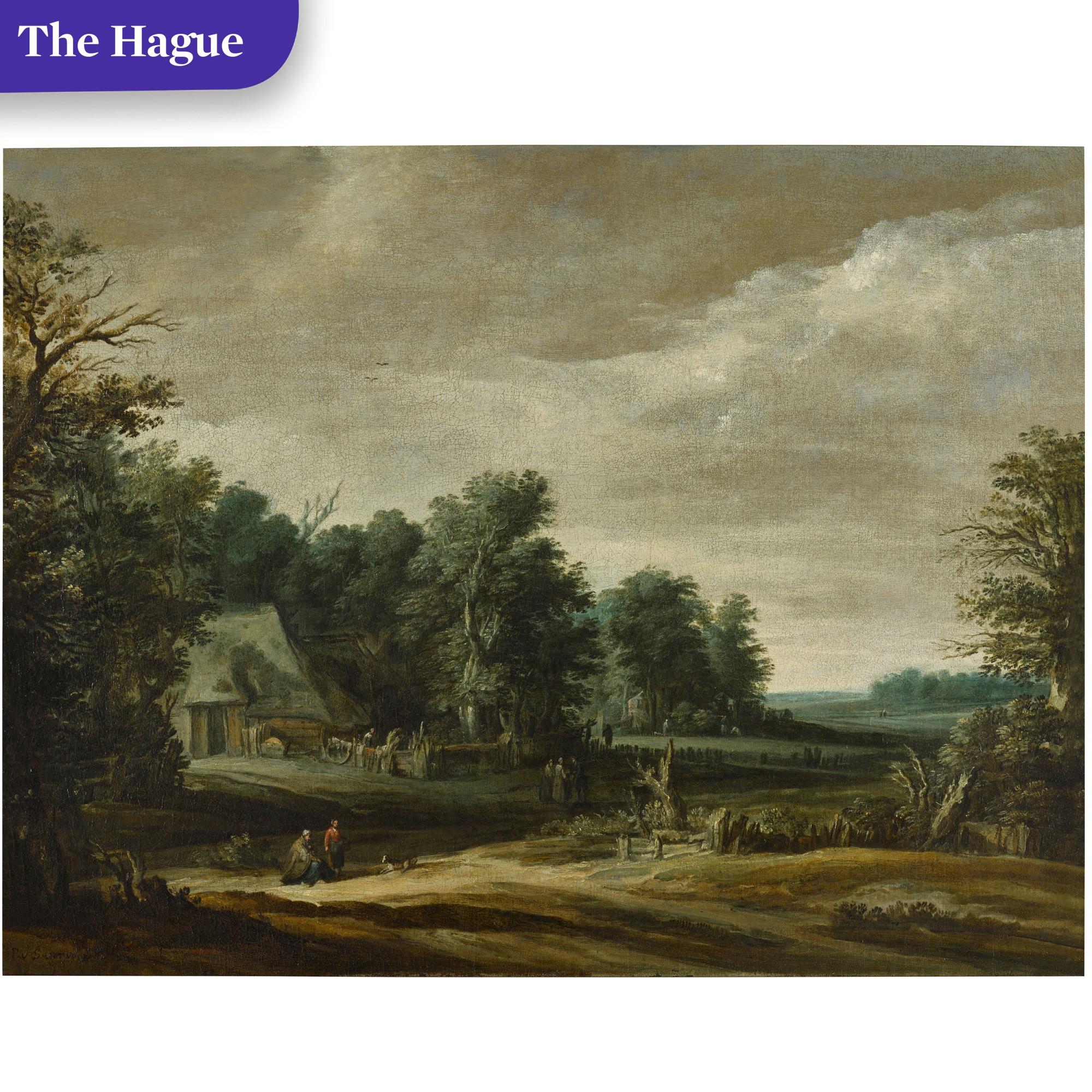 Pieter Dircksz. Van Santvoort - Wooded landscape with peasants by a farm