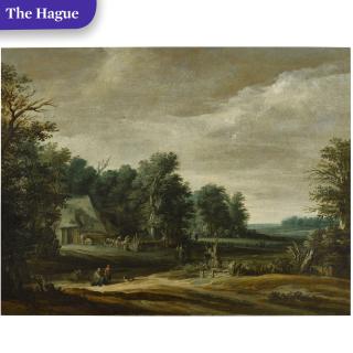 Pieter Dircksz. Van Santvoort - Wooded landscape with peasants by a farm