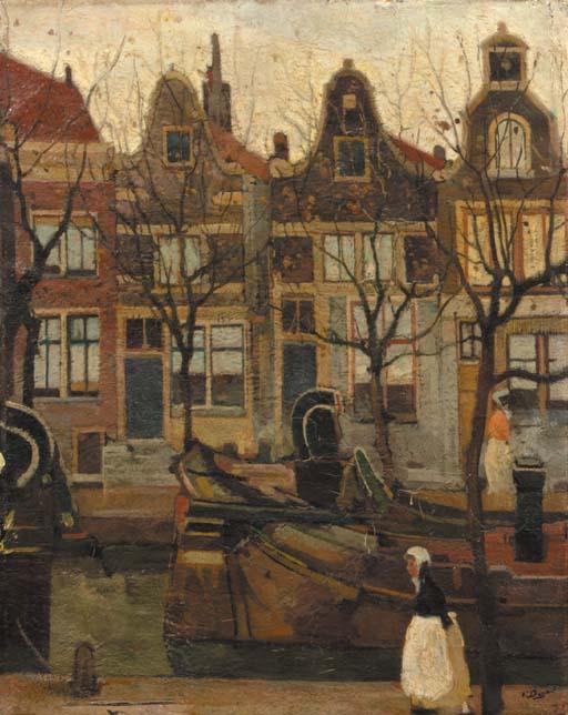 Pieter Dupont - A city view with figures at a canal