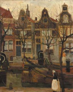 Pieter Dupont - A city view with figures at a canal