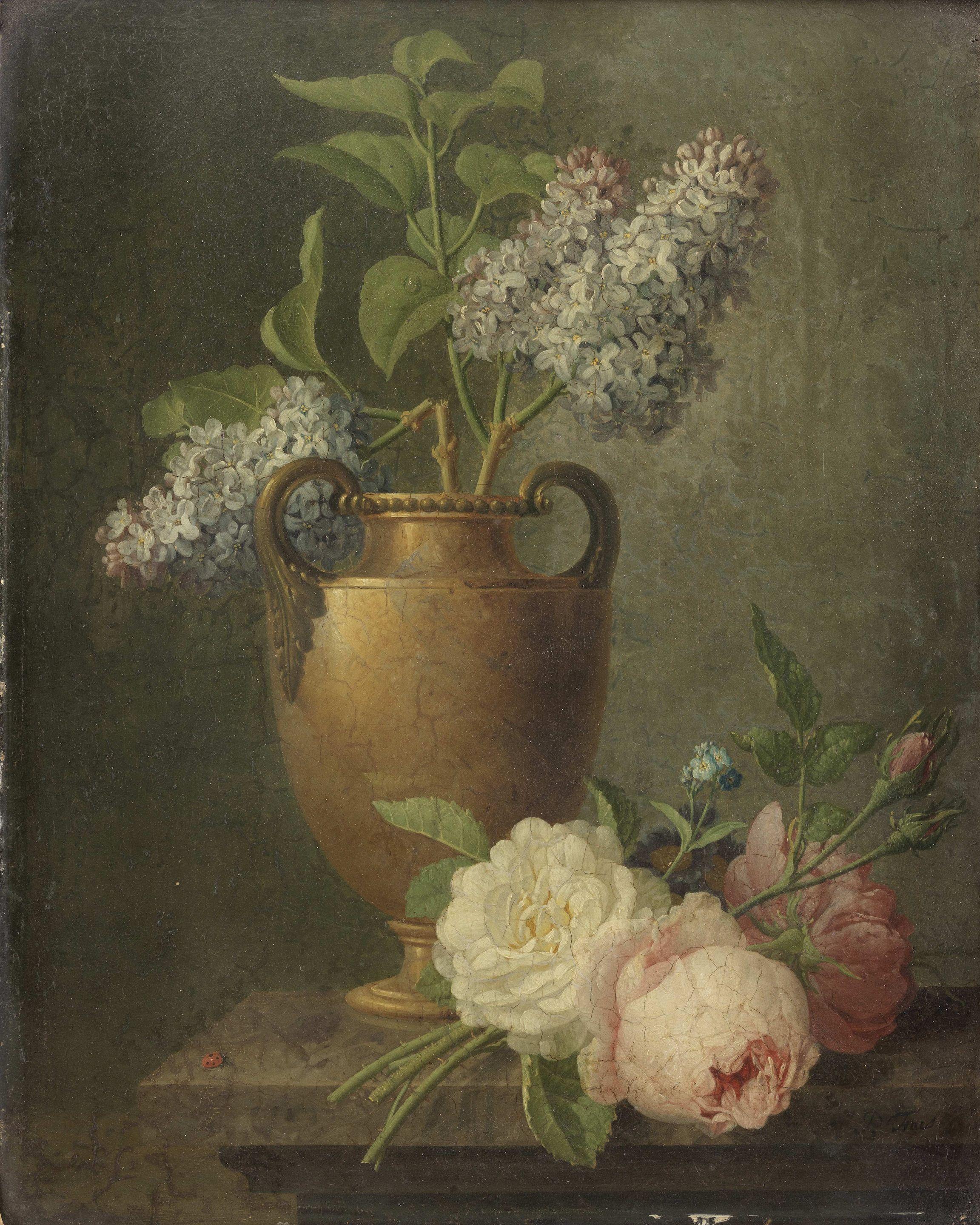 Pieter Faes - Lilacs in a bronze urn on a stone ledge with roses