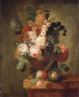 Pieter Faes - Roses, carnations, a tulip and other flowers in a sculpted urn with a bird\'s nest on a marble ledge with a beetle and a butterfly