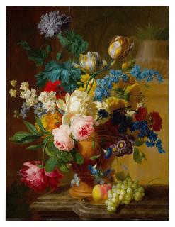 Pieter Faes - Still Life of roses, peonies, tulips, narcissus, and other flowers in a terracotta vase, with grapes and a peach