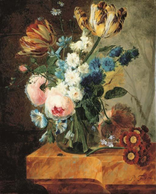 Pieter Faes - Tulips, roses, morning glory, campanulas and other flowers in a glass vase with primulas on a marble ledge, a wooded landscape beyond