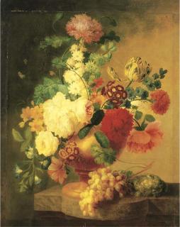 Pieter Faes - Tulips, roses, peonies, narcissus, and other flowers with a butterfly in an urn, with grapes on the vine and a bird\'s nest with eggs and ants on a marble ledge