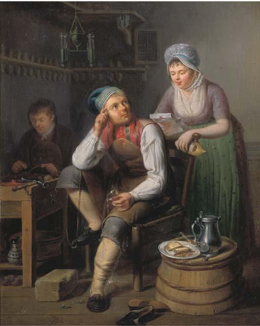 Pieter Fontijn - A Shoemaker And A Cobbler At Work, A Lady Reading A Letter Nearby
