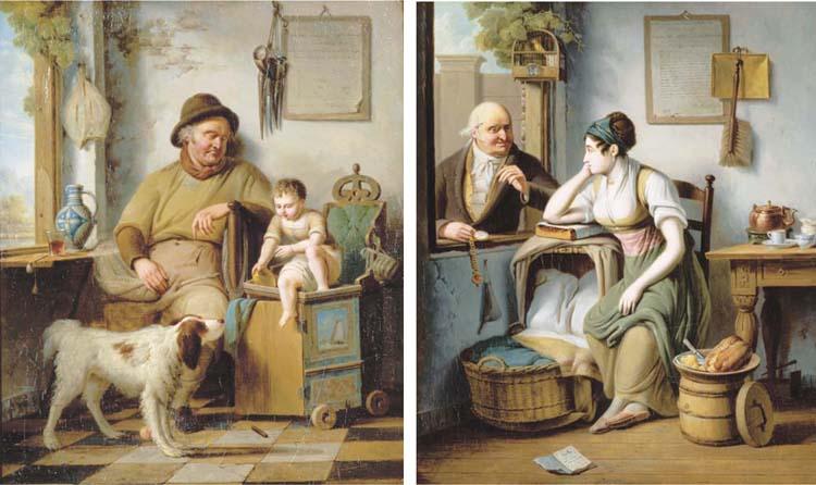 Pieter Fontijn - A Small Child, A Man And A Dog In An Interior; And A Young Mother Seated Next To A Cradle In An Interior Listening To An Old Man At An Open Window Nearby
