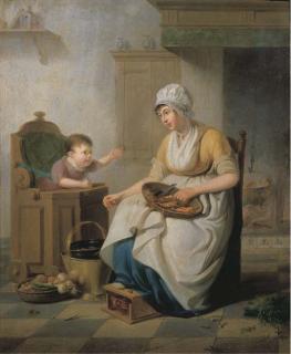Pieter Fontijn - A Small Child In A High Chair With A Servant Cleaning Vegetables Seated Nearby, In A Kitchen Interior