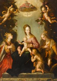 Pieter Fransz. Isaacsz. - Madonna and Child with the infant Saint John the Baptist, Saint Catherine of Alexandria, another female martyr saint, and God the Father