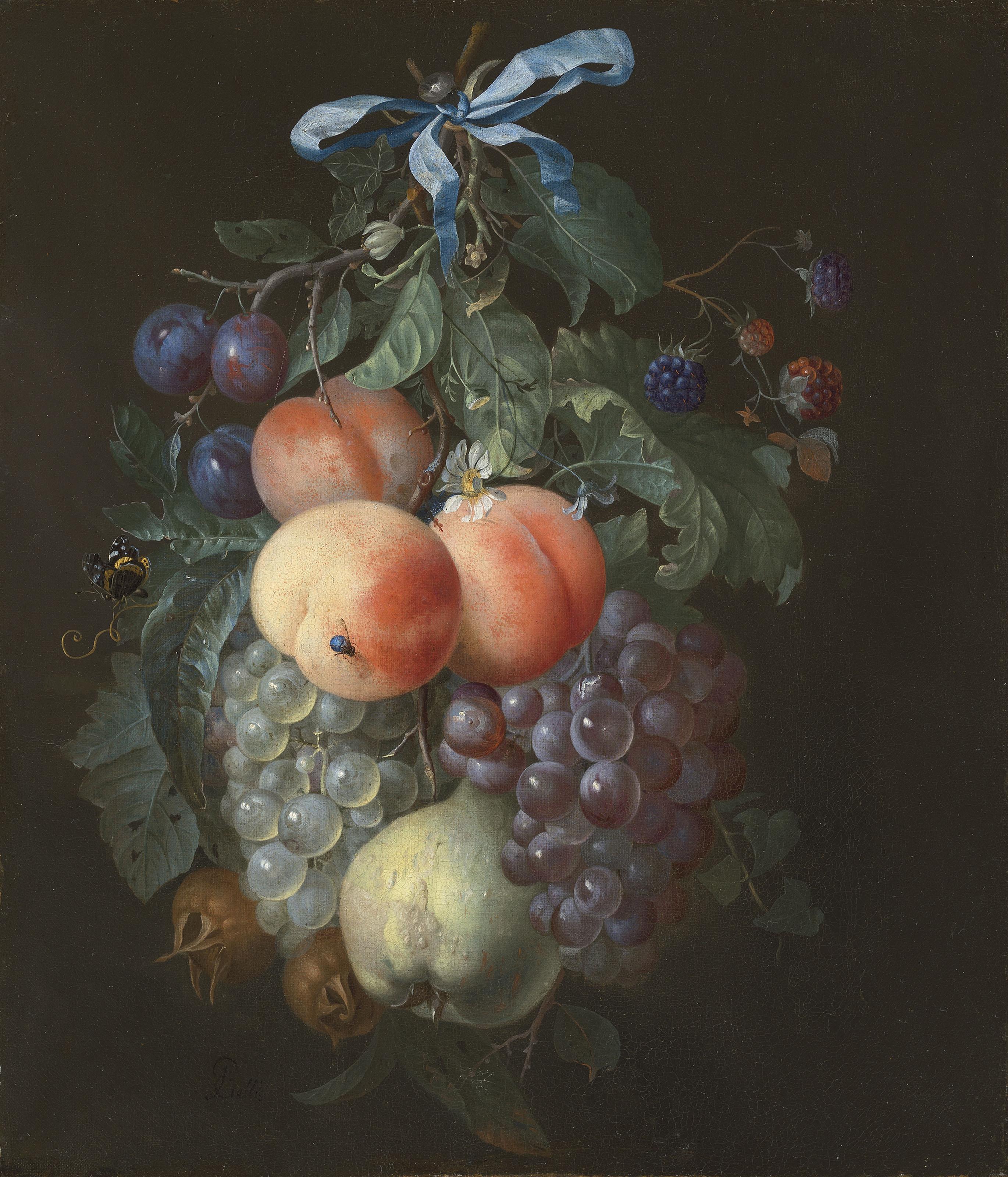 Pieter Gallis - A festoon of fruit, hanging from a nail with a blue ribbon