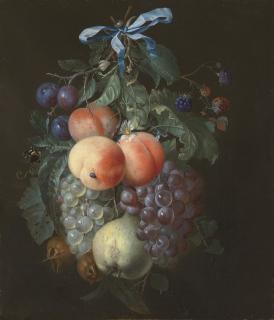 Pieter Gallis - A festoon of fruit, hanging from a nail with a blue ribbon