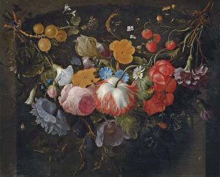 Pieter Gallis - A Swag of Flowers Hanging In A Niche, With Gooseberries, Strawberries, Roses, Plums, An Iris, A Daisy And A Spider