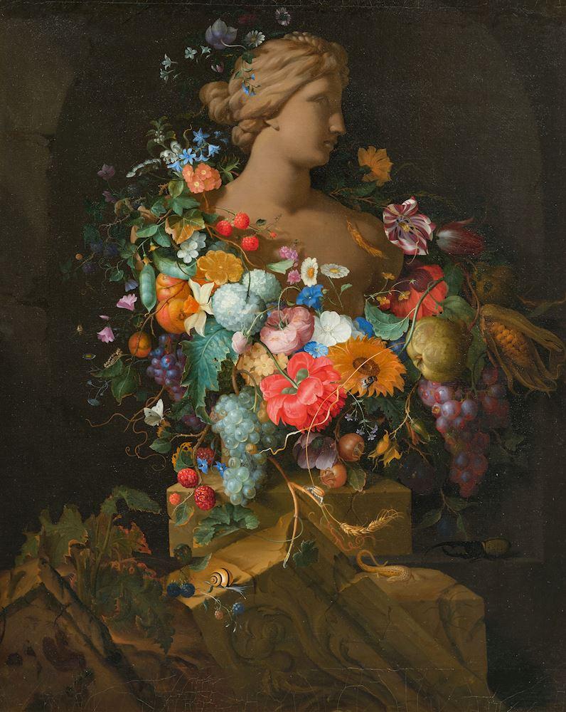 Pieter Gallis - Früchte- und Blumengirlande um eine Venusbüste vor einer Nische.