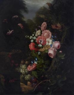 Pieter Gallis - Roses, carnations, poppies and other flowers by a tree trunk, with carnations in a sculpted flowerpot and a basket of grapes and other fruits in a garden