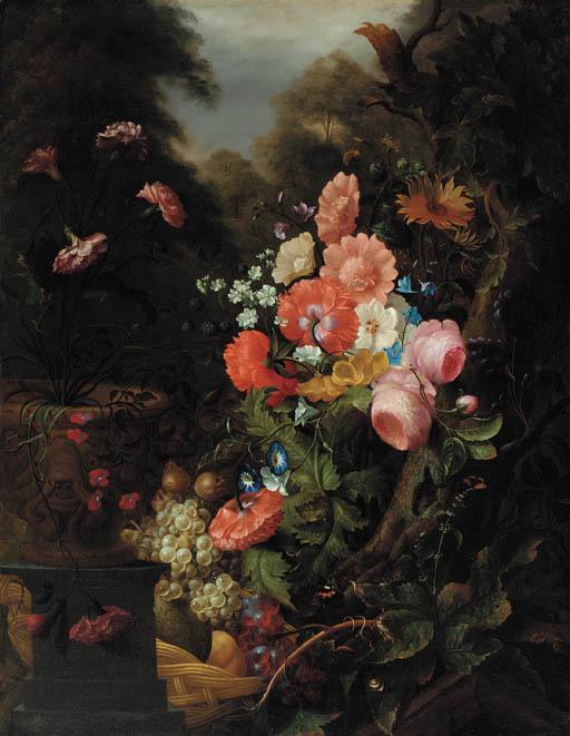 Pieter Gallis - Roses, carnations, poppies and other flowers by a tree trunk, with carnations in a scuplted flower pot and grapes and other fruits in a basket, in a garden