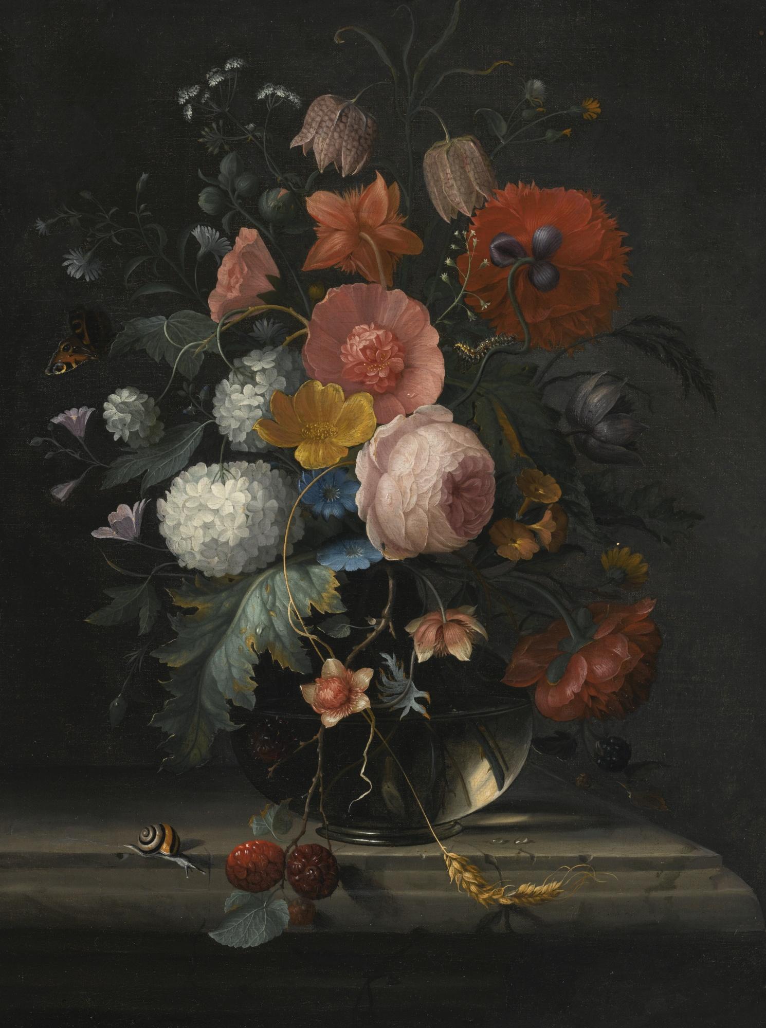 Pieter Gallis - Still Life Of Roses, Fritillaria, Viburnum And Other Flowers In A Glass Vase Resting On A Ledge, With A Snail And Butterfly