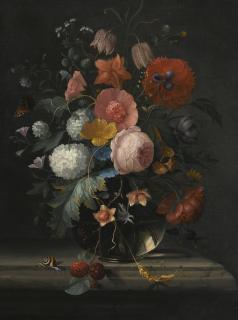 Pieter Gallis - Still Life Of Roses, Fritillaria, Viburnum And Other Flowers In A Glass Vase Resting On A Ledge, With A Snail And Butterfly