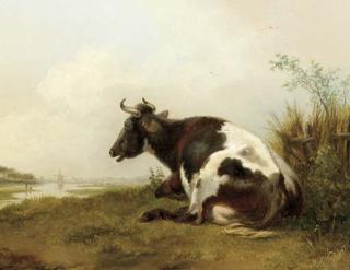 Pieter Gerardus Van Os - A cow resting in a meadow