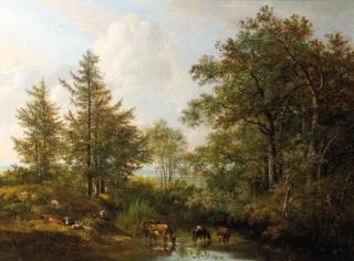 Pieter Gerardus van Os - A shepherdess and cattle resting by a wooded pond