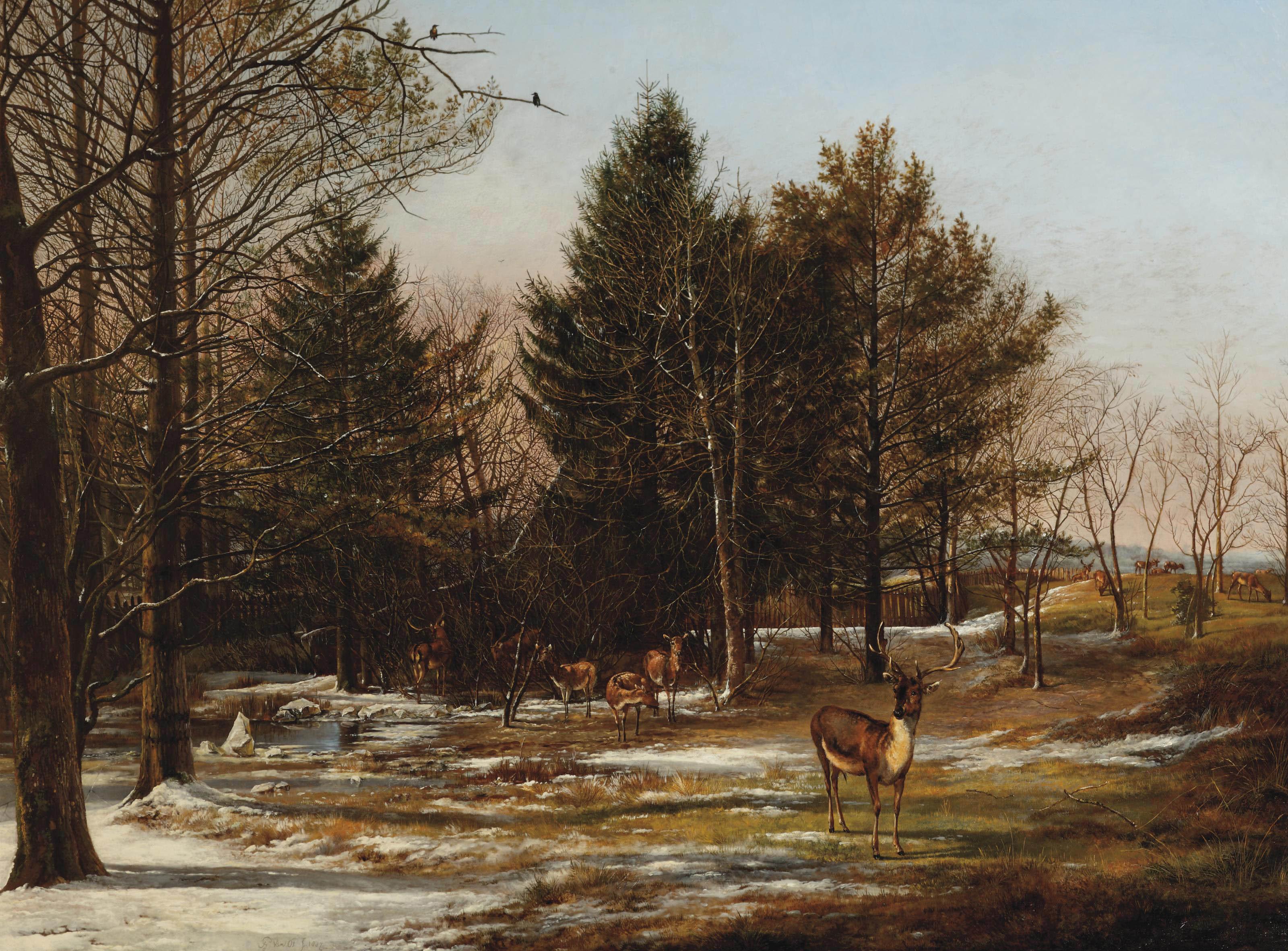 Pieter Gerardus van Os - A wooded winter landscape with deers