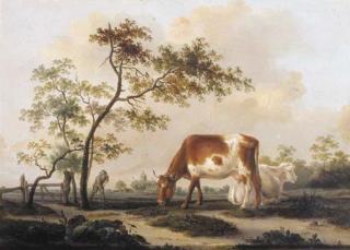 Pieter Gerardus van Os - Cows on a farmyard with a village in the distance, in summer
