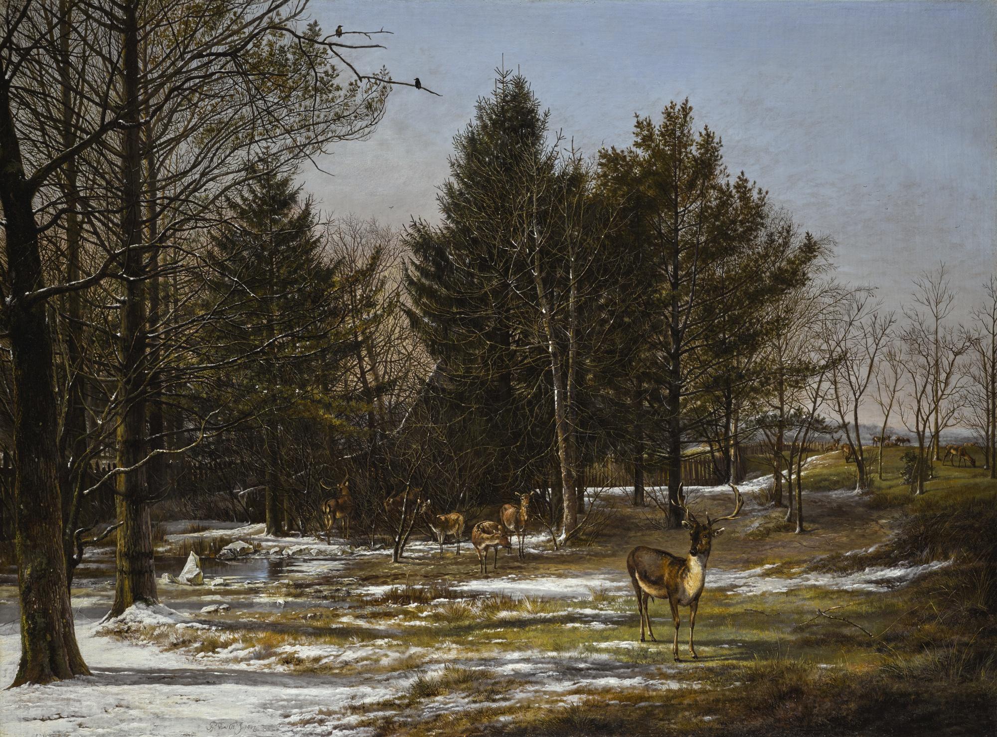 Pieter Gerardus Van Os - Dutch a Wooded Winter Landscape With Deer