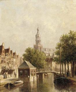 Pieter Gerardus Vertin - Barges on a canal with a church beyond