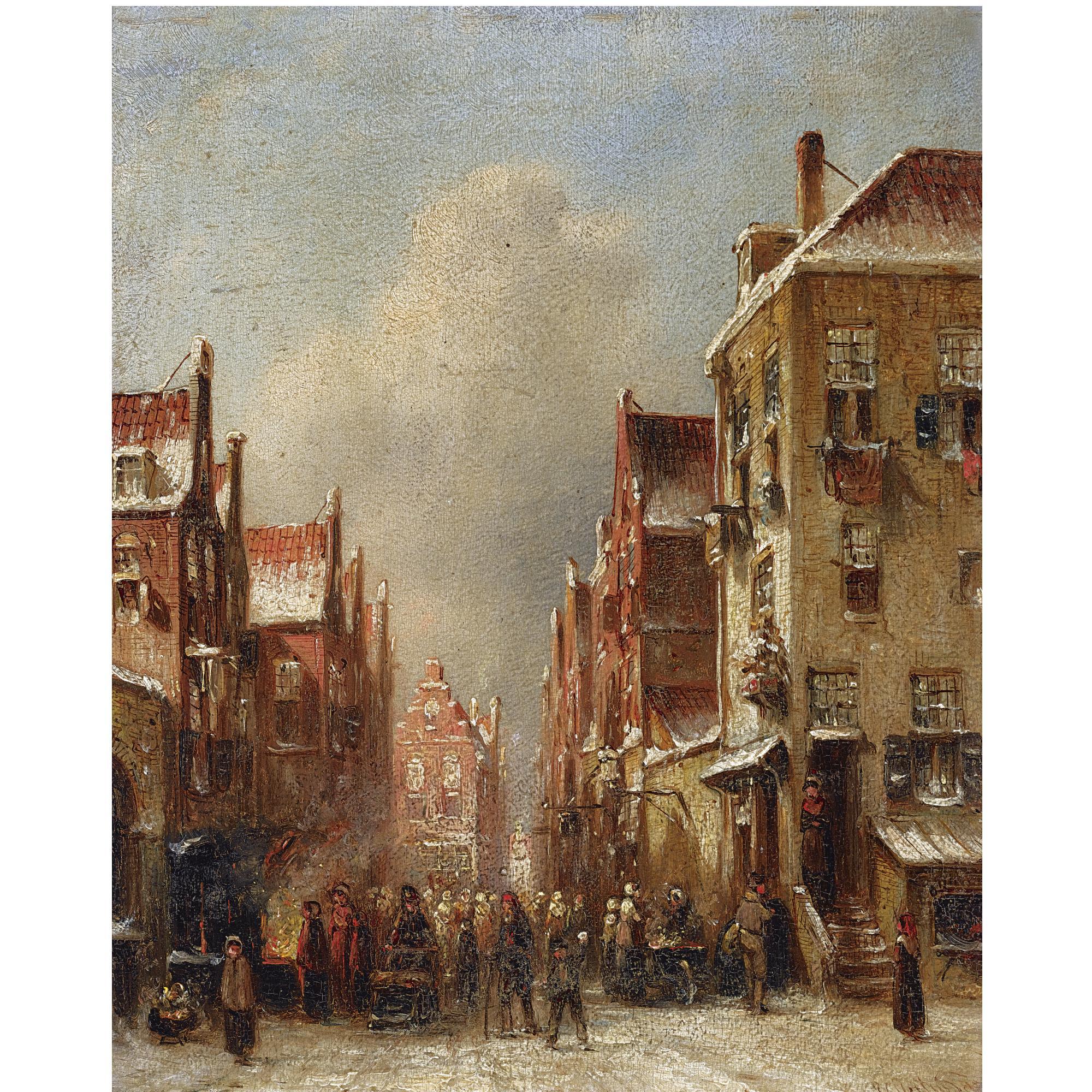 Pieter Gerardus Vertin - Dutch A Busy Snow Covered Street In A Dutch Town