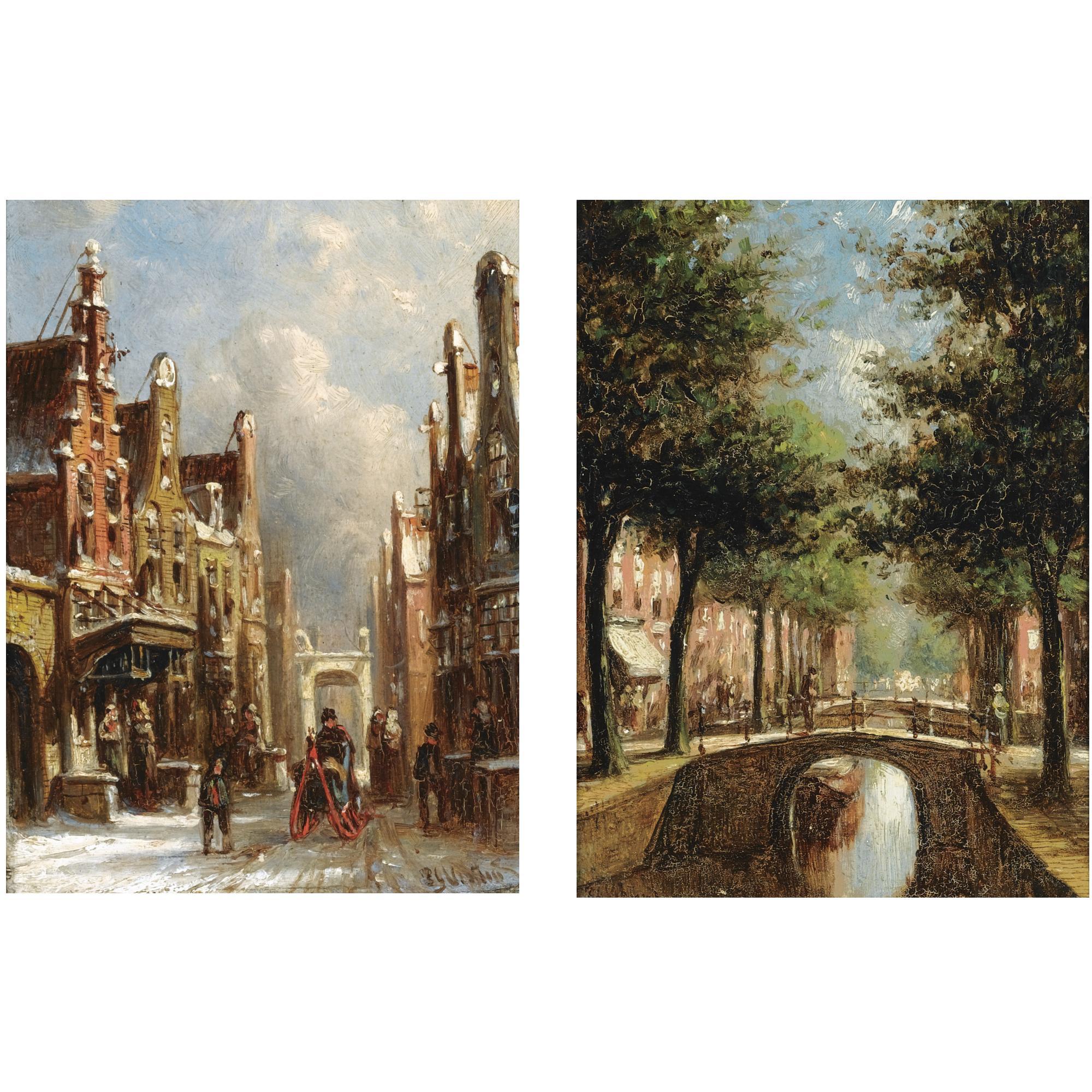Pieter Gerardus Vertin - Dutch A Sleigh In The Streets Of Alkmaar; A Sunlit Canal In Delft (A Pair) 