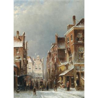 Pieter Gerardus Vertin - Dutch Figures In The Streets Of A Wintry Dutch Town