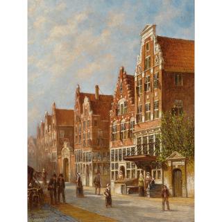 Pieter Gerardus Vertin - Figures In The Sunlit Streets Of A Dutch Town