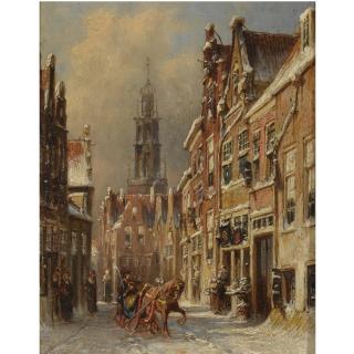 Pieter Gerardus Vertin - Figures On A Sledge In A Snow-Covered Dutch Town