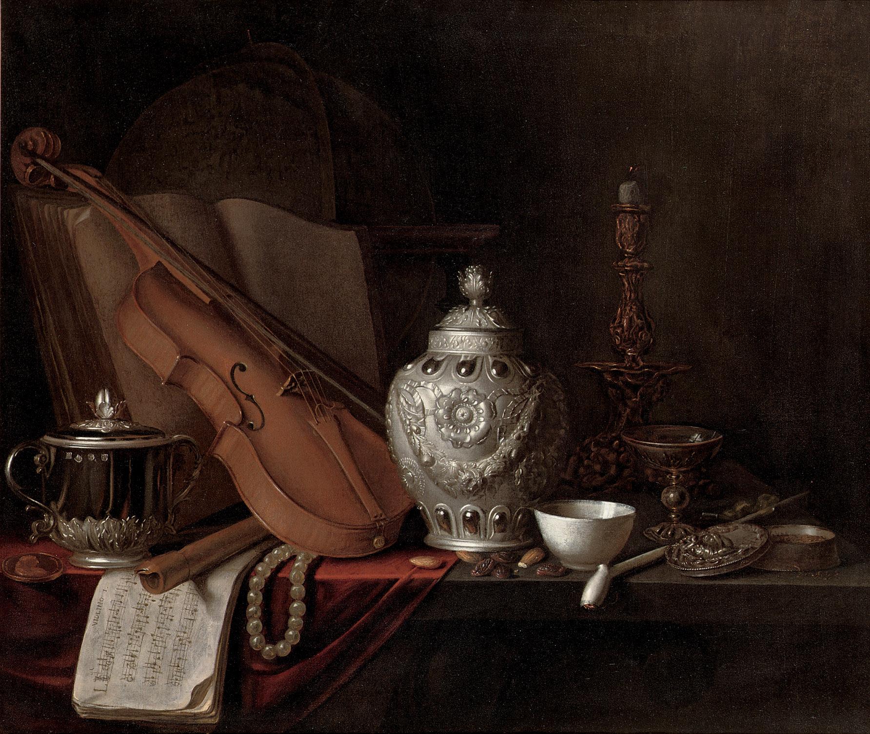 Pieter Gerritsz. van Roestraeten - A silver ginger jar, a violin, a silver porringer, a globe, a pearl necklace, a gilt candlestick, a porcelain bowl, a pipe, a silver box, music sheet and almonds, all on a partly draped table