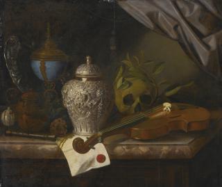 Pieter Gerritsz. Van Roestraeten - A Vanitas Still Life With A Violin, A Skull Draped With Laurel Branches, A Silver Ginger Jar, A Recorder, A Letter With A Red Seal, A Silver Gilt Hardstone Cup And A Silver Dish, All On A Marble Ledge