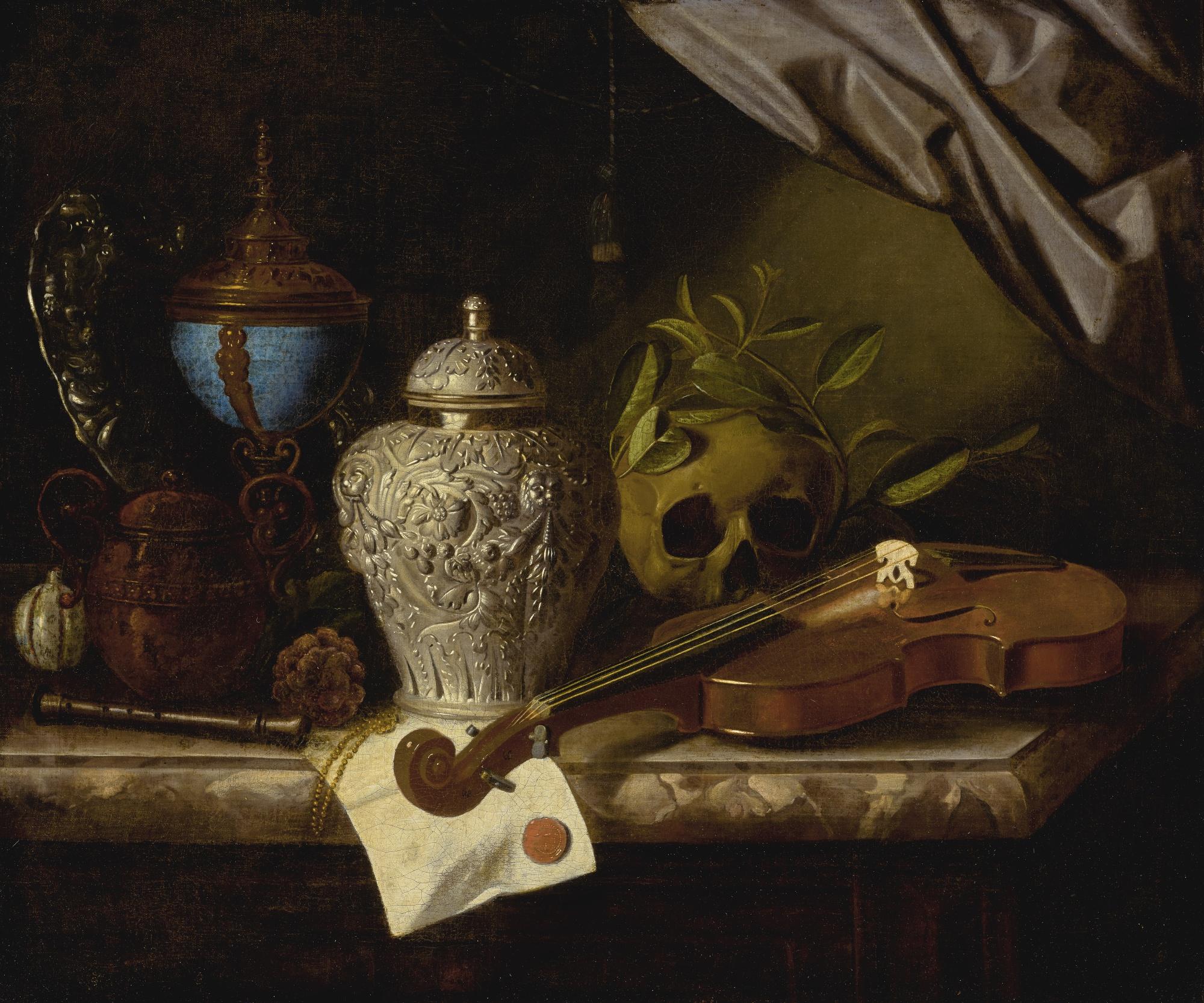 Pieter Gerritsz. Van Roestraeten - A Vanitas Still Life With A Violin, A Skull Draped With Laurel Branches, A Silver Ginger Jar, A Recorder, A Letter With A Red Seal, A Silver Gilt Hardstone Cup, And A Silver Dish, All On A Marble Ledge