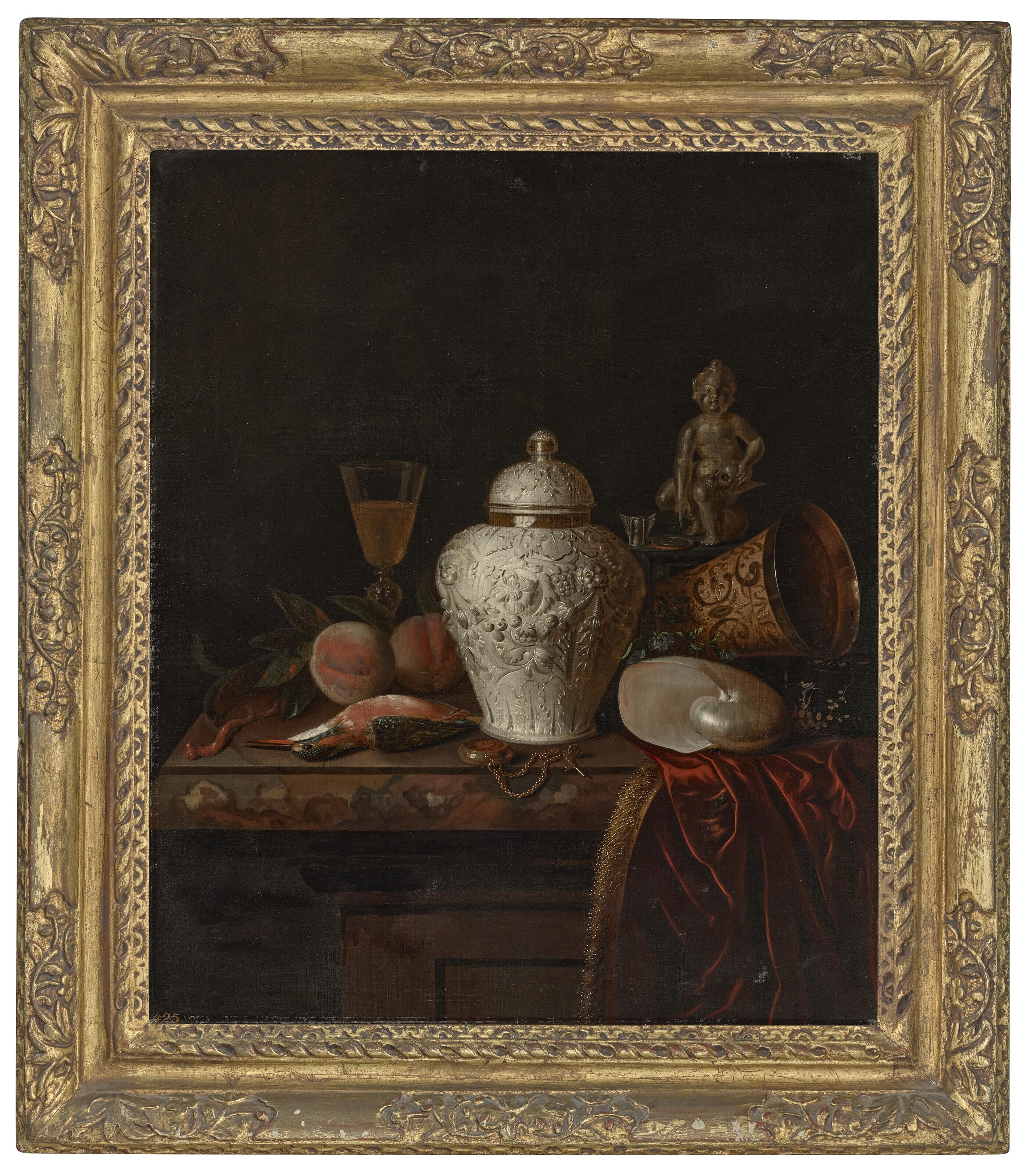 Pieter Gerritsz. Van Roestraten - A chased silver ginger jar, a pocket-watch, a nautilis shell, a silver-gilt goblet, a kingfisher, fruit and other objects on a partially draped marble ledge