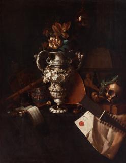 Pieter Gerritsz. van Roestraten - A vanitas still life with regalia, musical instruments, a reflecting imperial orb, a skull and bones and a charter group