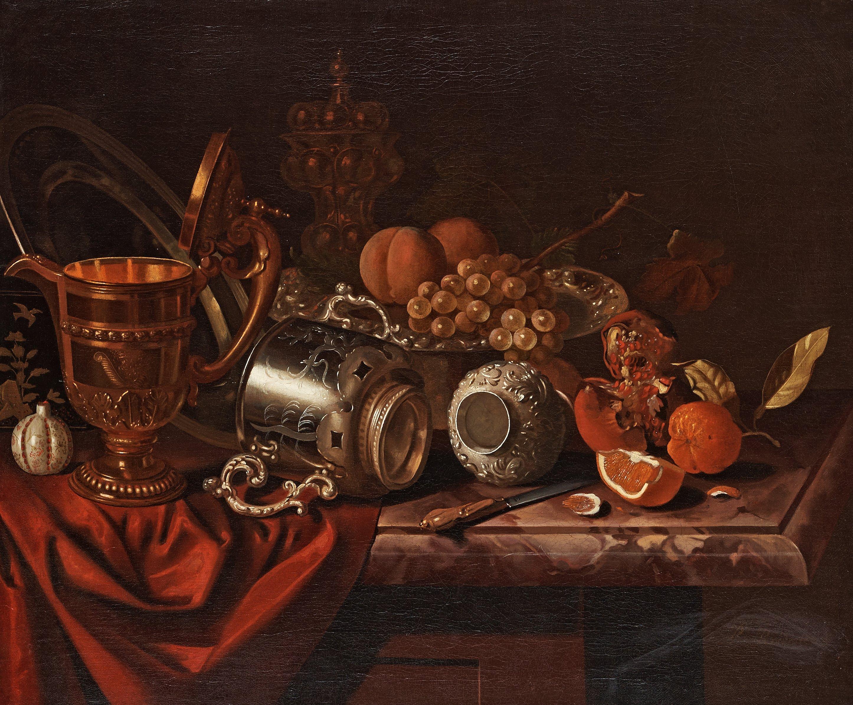 Pieter Gerritsz. van Roestraten - Still life with fruits, a knife and trophies