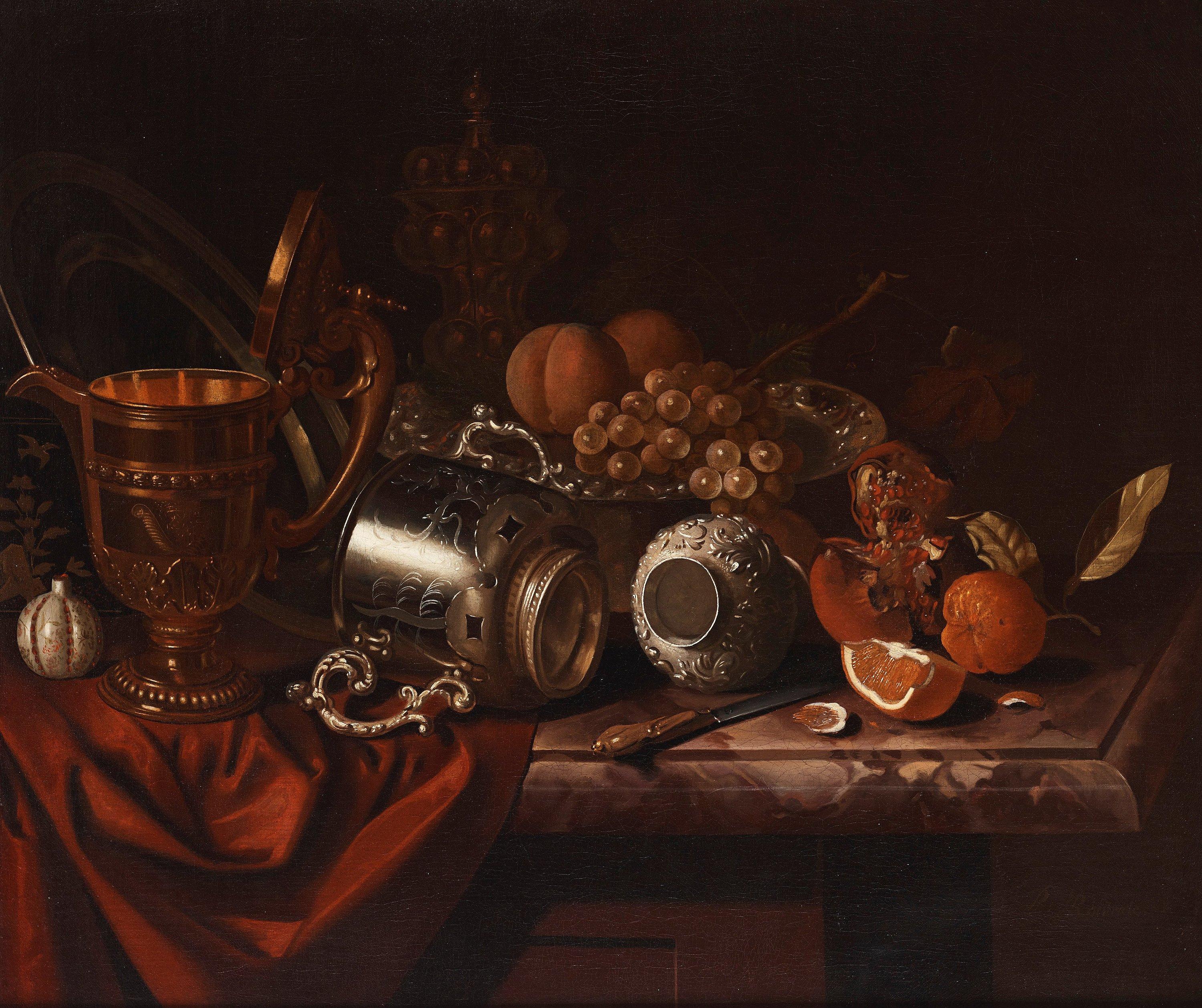 Pieter Gerritsz. van Roestraten - Still lite with objects of silver, fruits and a knife
