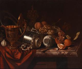 Pieter Gerritsz. van Roestraten - Still lite with objects of silver, fruits and a knife