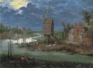 Pieter Gysels - A River Landscape With Peasants By A Landing-Stage And A Windmill