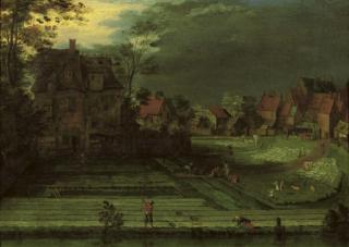 Pieter Gysels - A town with figures working in bleaching fields in the foreground