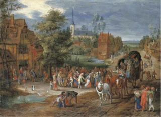 Pieter Gysels - A village kermesse with a horse-drawn cart in the foreground
