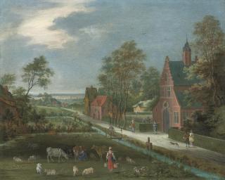 Pieter Gysels - A village landscape with a milkmaid, cattle and other figures