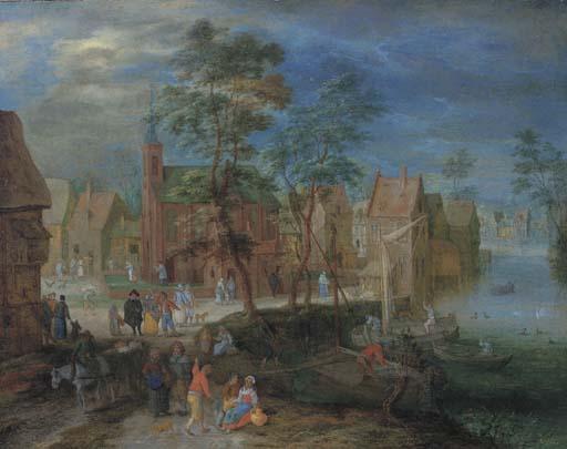 Pieter Gysels - A village scene with peasants strolling by a river bank