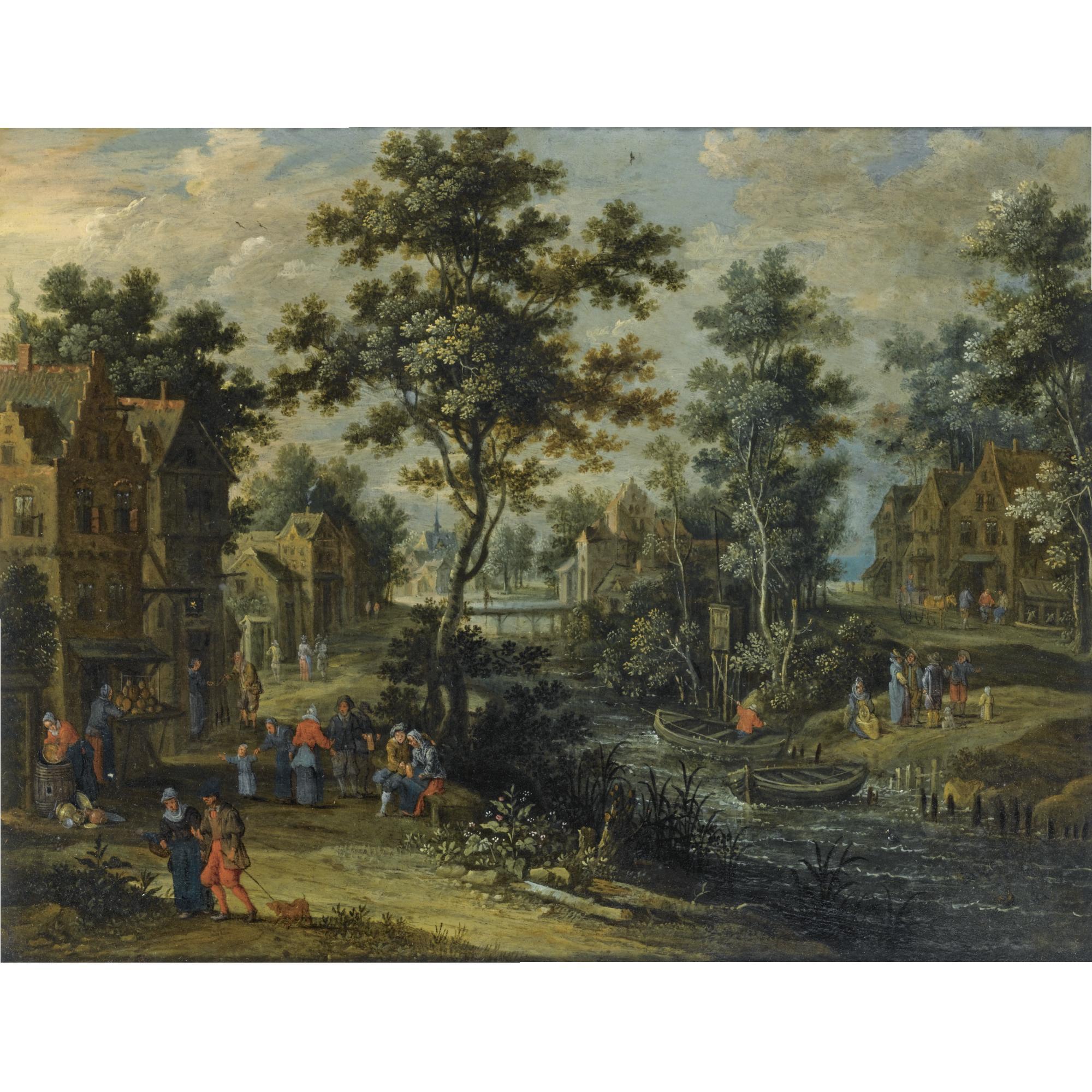Pieter Gysels - A Village Street In A Wooded Landscape With Villagers Drinking Outside An Inn, Other Figures On A Path Along The Riverside, An Elegant Company Halting Near A Ferry Boat