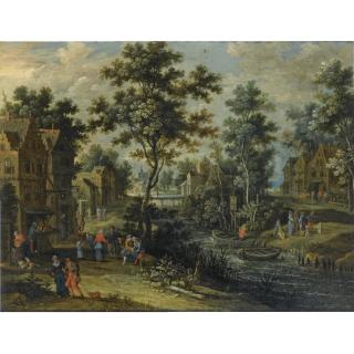 Pieter Gysels - A Village Street In A Wooded Landscape With Villagers Drinking Outside An Inn, Other Figures On A Path Along The Riverside, An Elegant Company Halting Near A Ferry Boat